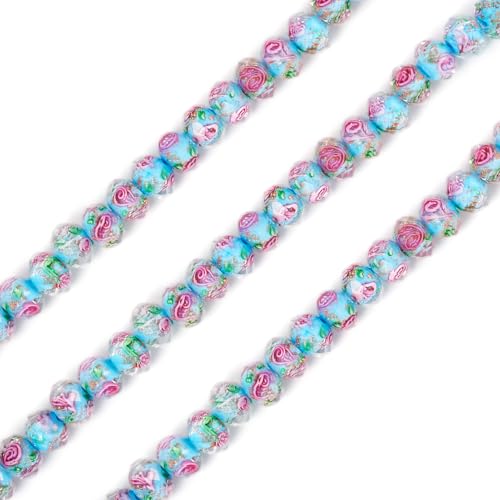 Elecrelive 60Pcs Gold Sand Lampwork Beads Rondelle Flower Glass Beads 10mm Sky Blue Floral Crystals for DIY Bracelet Necklace Earring Jewelry Making - color: Deep Sky Blue
