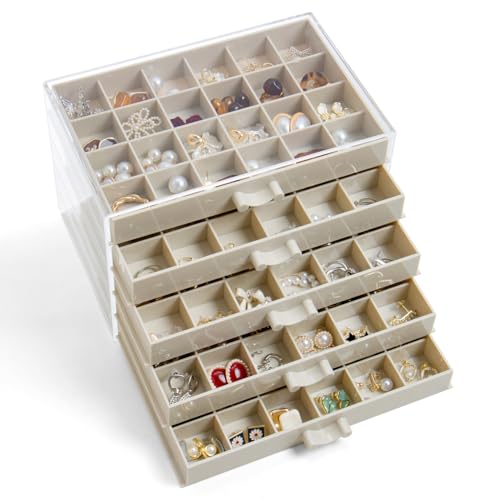 YUFONG Earring Storage Box Organizer, Acrylic Jewelry Storage Box Holder 5 Drawers Transparent Jewelry Display Stand with 120 Small Compartments Gift Boxes for Women Girls (Beige) - color: Beige