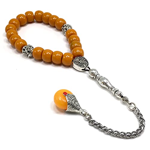 Simple Designed Natural Stone Worry Beads - Prayer Beads Tesbih-Tasbih-Tasbeeh-Misbaha-Subha-Sebha-Sibha-Rosary (Dark Orange Resin Drum -13X9 mm- 19 Big Beads) - color: Dark Orange Resin Drum -13X9 mm- 19 Big Beads