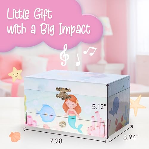The Memory Building Co Mermaid Musical Jewelry Box Plays Classic Melody, Storage Organizer Music Box for Kids Ages 6-12, MDF Wood w/ 2 Fabric Lined Ring Bracelet Necklace Treasure Compartments - style: Mermaid