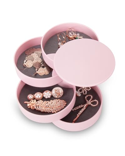 CONBOLA Jewelry Organizer, Small Jewelry Storage Box Earring Holder for Women, 4-Layer Rotating Travel Jewelry Tray Case with Lid for Bracelets Rings Bracelets, Gift for Women Teen Girls - color: Pink
