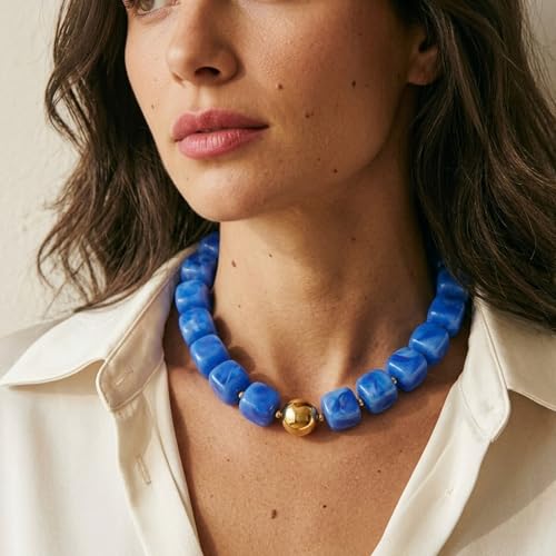 Mchic Colorful Beaded Choker Necklace for Women: Boho Large Square Acrylic Beaded Necklace Stainless Steel Adjustable Surfer Beach Strand Necklaces Summer Handmade Jewelry Gift for Women - color: Blue