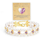 Double Layer Pearl Heart Bracelets for Women, Cubic Zirconia Charm Jewelry, Adjustable Gold Silver Stackable Bracelet Jewelry Set Birthday Gift for Mom Daughter Wife - color: Gold-Purple