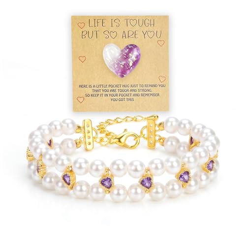Double Layer Pearl Heart Bracelets for Women, Cubic Zirconia Charm Jewelry, Adjustable Gold Silver Stackable Bracelet Jewelry Set Birthday Gift for Mom Daughter Wife - color: Gold-Purple
