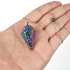 Justinstones Metallic Rainbow Coated Dragon Blood Fossil Gemstone Rock Crystal Hexagonal Pointed Reiki Chakra Pendant Pendulum - color: Metallic Rainbow Coated Dragon Blood Fossil