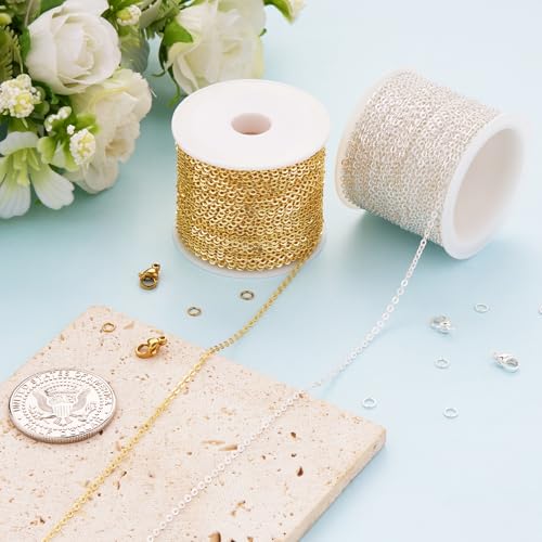 Kyutong 65.6 Feet Stainless Steel Jewelry Making Chains Bulk on Spool 2 Rolls Cross Cable Chain Links Gold Silver Craft Jewelry Supplies with Lobster Clasps Jump Rings for DIY Handcraft - color: Cable Chain