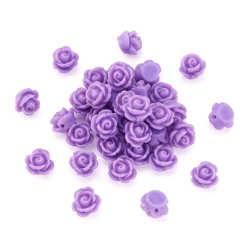 Beadthoven 50pcs Opaque Resin Rose Flower Beads MediumPurple Floral Flat Base Cabochons Embellishment for DIY Scrapbooking Jewelry Making 9x7mm Hole: 1mm - color: MediumPurple#9x7mm-50pcs