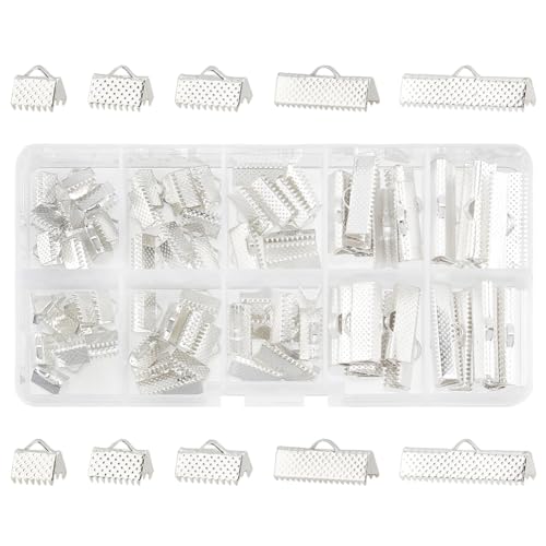 PH PandaHall About 100 Pcs Iron Ribbon Bracelet Bookmark Pinch Crimp Clamp End Findings Cord Ends Fasteners Clasp Leather Crimp Ends 5 Sizes Length 8-25mm for Jewelry Making Silver - color: Silver, size: 8/10/13/20/25mm