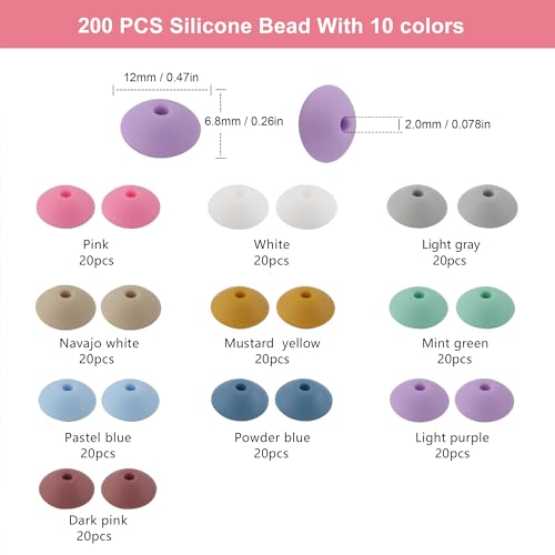 Sunrony 200Pcs Silicone Lentil Beads for Keychain Making,Bulk Mixed Color 12mm Silicone Abacus Spacer Beads for Necklace Bracelet Making Pens (Beauty Lentil) - color: C-Beauty Lentil