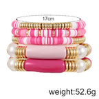 COLORFUL BLING 5-12Pcs Bohemian Love Heart Bead Bracelets for Women Vinyl Disc Heishi Surfer Stackable Stretch Bracelet Summer Beach Boho Jewelry - color: 5pcs pink long bar