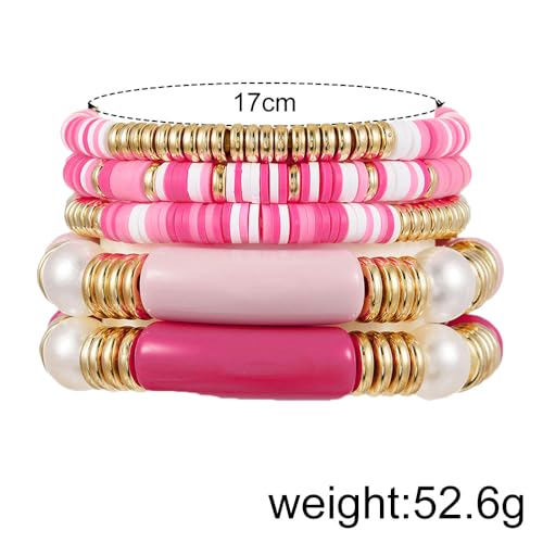 COLORFUL BLING 5-12Pcs Bohemian Love Heart Bead Bracelets for Women Vinyl Disc Heishi Surfer Stackable Stretch Bracelet Summer Beach Boho Jewelry - color: 5pcs pink long bar