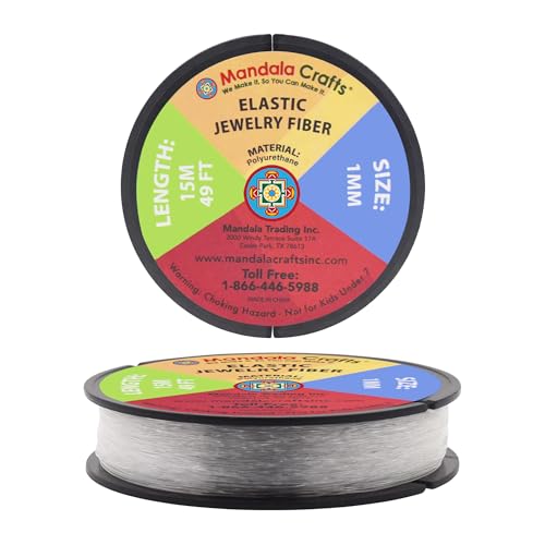 Mandala Crafts Very Strong 1mm Elastic String for Jewelry Making - 49 FT Heavy Duty Round Stretchy Clear String Jewelry Fiber Elastic Cord Spool for Decorative Threading Applications - size: 1mm 15M 49 Feet