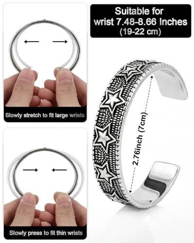 Stainless Steel Cuff Bracelet,Retro Gothic Punk Biker Cool Open Adjustable Cuff Bangle Bracelets Jewelry for Men Silver - style: Vintage Star