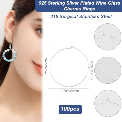 Beebeecraft 1 Box 100Pcs Hoop Ear Wires 316 Stainless Steel Earring Round Loops Findings Wine Glass Charm Rings for Beading Jewelry Making 20mm - color: Silver, size: 20mm