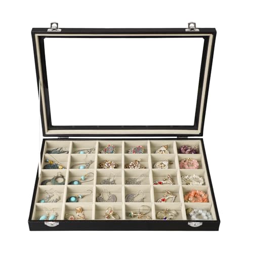 Stratalife Earring Organizer Jewelry Holder Organizer Drawer Earring Storage Jewelry Tray with Clear Lid Ring Box for Women Girls Anti Tarnish 30 Grid (Beige Black) - color: Beige-Black, size: 30 Grid