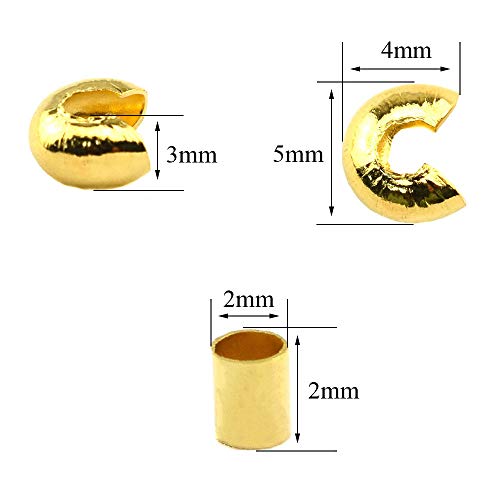 2mm Tiny Tube Crimp Beads and 4mm Crimp Bead Knot Covers Half Round Easy to Position Two Sides Keep Flush Close Neatly Evenly Stop Wire Wear No Irritate for Jewelry Craft Silver Gold 180sets - size: 2mm&4mm-Silve&Gold-180Pcs
