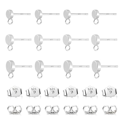 12Pcs Flat Sterling Silver Post with Earring Hook, 3/4/5mm Ear Studs with Loop Hypoallergenic 925 Sterling Silver Earrings Findings Dangle Studs Posts Butterfly Backs Supplies Jewelry Making Set - color: Flat_Silver