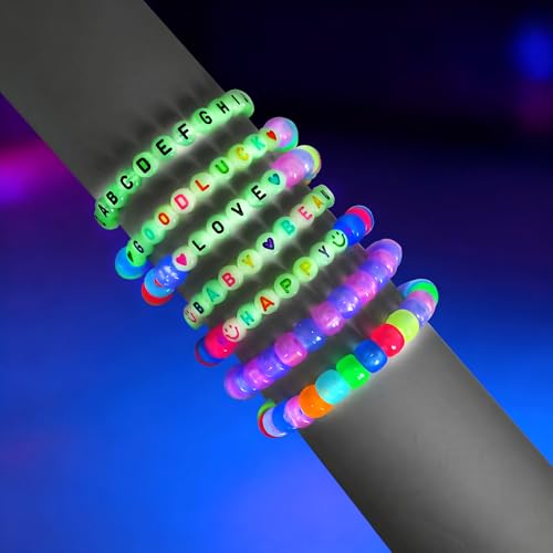 Looconi 1400pcs Colorful Letter Beads that Glow in the Dark 7x4mm Alphabet A-Z and Smiley Heart Beads for Jewelry Bracelet Making - color: Glow-colors