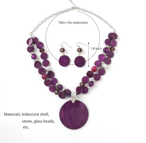 Layered Beads Statement Fashion Necklace Chunky Jewelry Set Big Colorful Glass Stone Circle Shell Pendant Choker Necklace and Earring Set for Women - color: purple