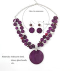 Layered Beads Statement Fashion Necklace Chunky Jewelry Set Big Colorful Glass Stone Circle Shell Pendant Choker Necklace and Earring Set for Women - color: purple