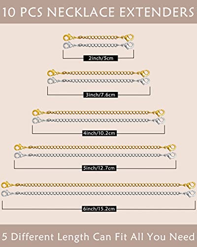 OHINGLT Necklace Extender 10Pcs Chain Extenders for Necklaces Bracelet, 14K Gold and Silver Plated Stainless Steel Extension Chain for Women Jewelry Making - color: Necklace Extender 10Pcs Gold & Siver