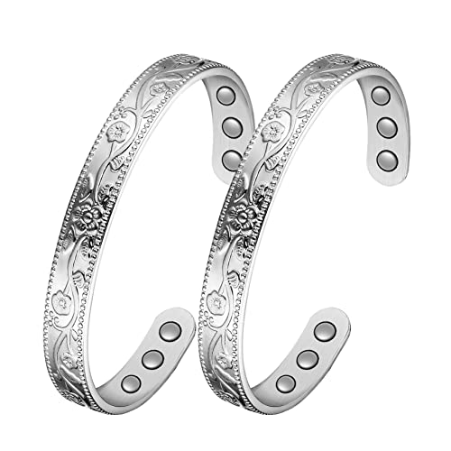 Jecanori 2Pcs Magnetic Copper Bracelets for Women, Vintage Flower 99.99% Pure Copper Bracelets with 3500 Gauss Magnets, Adjustable Cuff Jewelry with Gift Box - color: Sliver-a