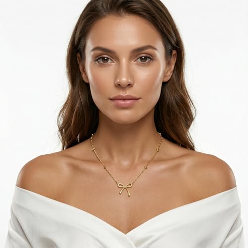 Bow Bracelet Necklace Set 14K Gold Beaded Bracelet Dainty Bow Pendant Choker Jewelry Gift Set - color: Pink 2