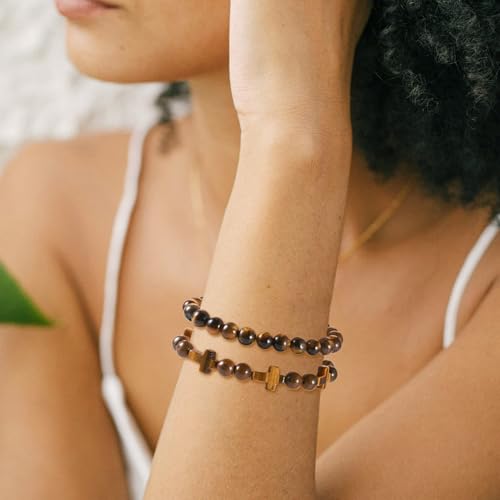 Beadthoven 52pcs Cross Stone Beads 8mm Tiger Eye Beads Natural Stone Gemstone Beads Loose Round Cross Spacers Easter Mini Bead Crucifix Beads for Bracelets Necklace Jewelry Making DIY - color: Tiger Eye