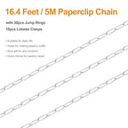 Kyutong 16.4FT/5M Thin Paperclip Chains for Jewelry Making Stainless Steel Necklace Making Supplies Silver Plated Craft Chain Link with Lobster Claw Clasps Jump Rings - color: silver paperclip