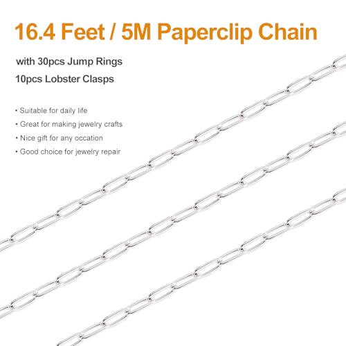 Kyutong 16.4FT/5M Thin Paperclip Chains for Jewelry Making Stainless Steel Necklace Making Supplies Silver Plated Craft Chain Link with Lobster Claw Clasps Jump Rings - color: silver paperclip
