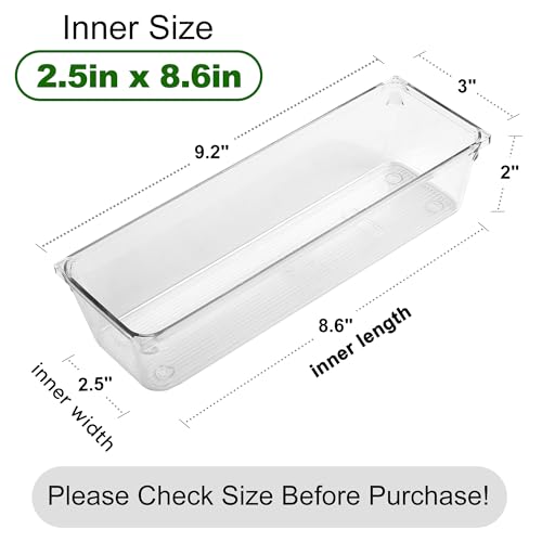 LotFancy 8 Pack Clear Plastic Drawer Organizers, 9.2''×3''×2'', Food Grade Storage Trays, Non-Slip Storage Bins for Kitchen Utensil, Silverware Cutlery, Bathroom, Office Desk, Makeup, Jewelry