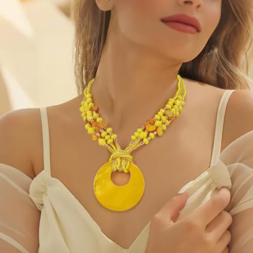 Coiris Shell Pendant Statement Strand Necklace for Women Boho Multi Beads Natural Stone Colorful Necklace Bohemian Handmade Chunky Shell Beaded Collar Jewelry for Women - color: Yellow