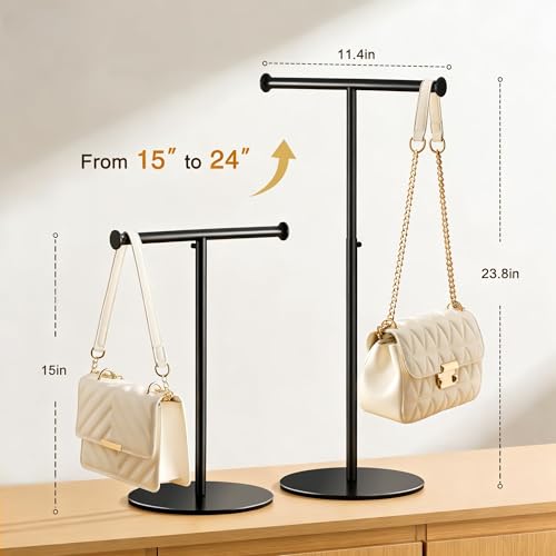 niffgaff T Bar Purse Display Stand Tabletop: Adjustable Height Handbag Holder, Countertop Hanging Rack for Long Necklace Scarf Lanyard, Black - color: Black