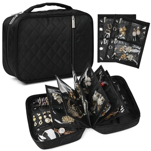 Travel Jewelry Case Organizer and Storage Quilted Jewelry Pouch Box for Traveling Ring Necklace Earring Holder with Velvet Jewelry Binder Mini Portable Jewelry Bag (Black) - color: Black