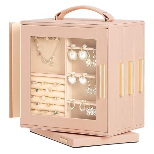 Homde Jewelry Box 360° Rotating, Necklace Earring Organizer with Transparent Window, Mirror, 7 Drawers, Large Ring Display Storage Case for Girls Women (Peach Pink) - color: Peach Pink