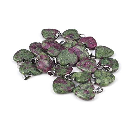 LE SKY 20 Pcs natural stone pendants heart shape healing stone charms for jewelry making - color: epidote
