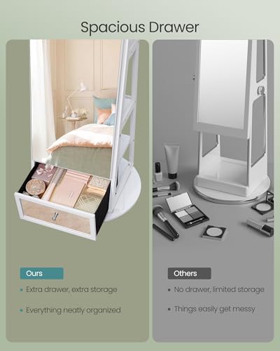 SONGMICS 360° Swivel Jewelry Cabinet, Full-Length Arched Mirror with LED Lights, Magnifying Mirror, Storage Shelves, Drawer, Cloud White UJJC030WB01 - color: Cloud White