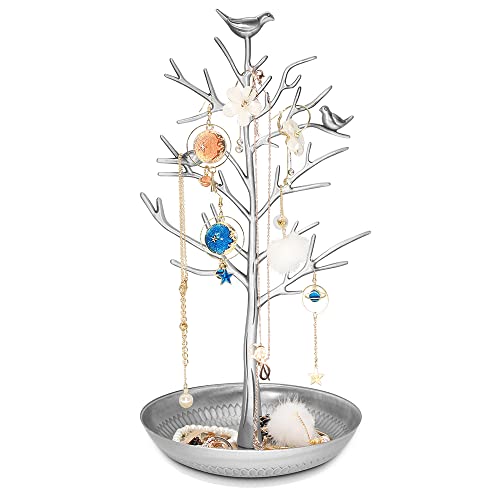 Inviktus Silver Birds Tree Jewelry Stand Display Earring Necklace Holder Organizer Rack Tower-silver - color: antique silver