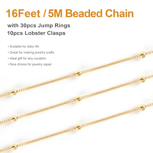 Kyutong 5 Meters Gold Plated Chain for Jewelry Making Thin Curb Link on Spool Beaded Chains Bulk for Necklace Bracelet Ankle Making Finding Jewelry Supplies - color: Bead Gold