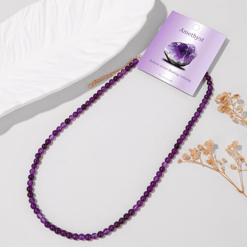 Crystal Choker Necklaces for Women,4mm Handmade Natural Stone Choker Beaded Necklace Healing Crystal Necklace Gemstone Bead Necklaces for Women - color: Amethyst