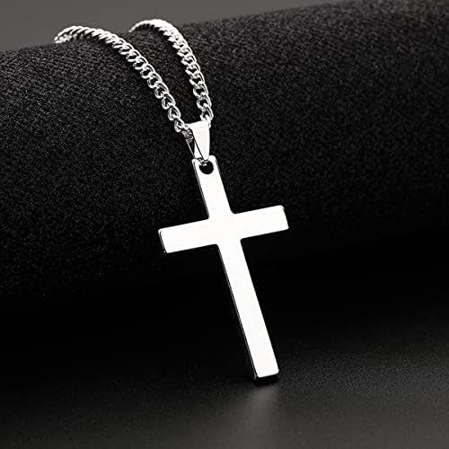 Cross Necklace for Men Silver Premium Alloy Solid Color Cross Pendant Necklace for Men Women Teens - color: Silver-20inch
