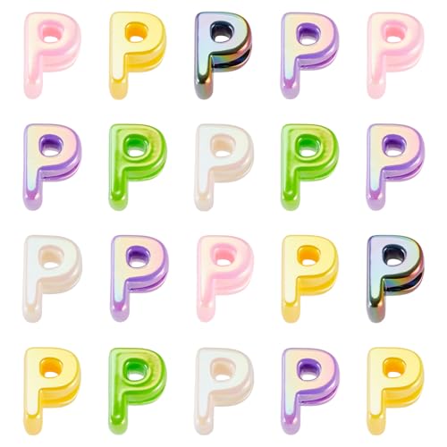 Beadthoven 20pcs Big Letter P Beads Large Hole Bubble Alphabet Acrylic Beads Charm Iridescent Plastic P Shape Loose Chunky Spacers for Jewelry Making Bracelet Necklace Keychains Shoelaces Crafts - color: P