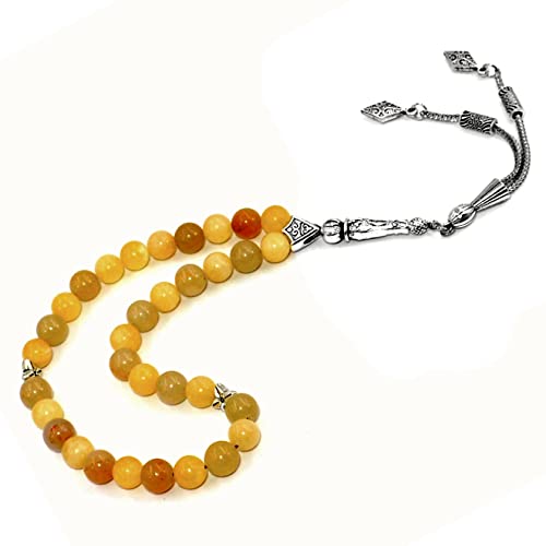 Simple Designed Natural Stone Worry Beads (8mm -33 Beads) - Prayer Beads Tesbih-Tasbih-Tasbeeh-Misbaha-Subha-Sebha-Sibha-Rosary (Yellow Jade Stone) - color: Yellow Jade Stone