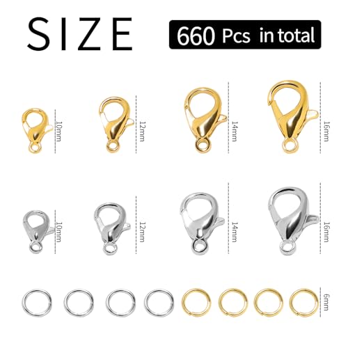 660Pcs Lobster Claw Clasps and Open Jump Rings Set, 4 Sizes of Gold and Silver Jewelry Clasps,Lobster Clasps for Jewelry Making, Keychains and Bracelet