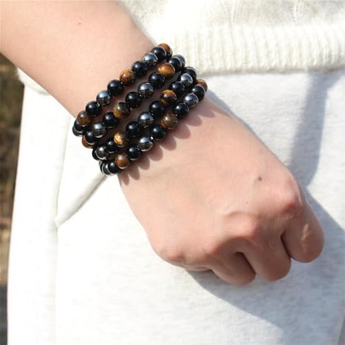 Natural Stone Beaded Necklace 8mm Tiger Eye Black Obsidian and Hematite Buddha bead lucky necklace 26 Inches, Black and Brown Men and women necklaces fift - color: Tiger eye stone, black gallstones, and hematite