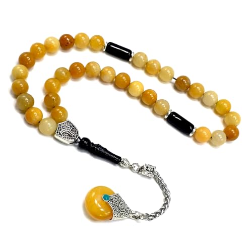 Simple Designed Natural Stone Worry Beads - Prayer Beads Tesbih-Tasbih-Tasbeeh-Misbaha-Subha-Sebha-Sibha-Rosary (Yellow Jade Natural Stone -8 mm 33- Beads/Drop Tassel) - color: Yellow Jade Natural Stone -8 mm 33- Beads / Drop Tassel
