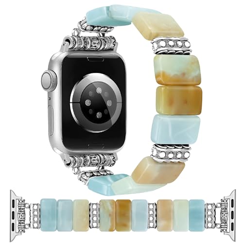Newlibery Beaded Natural Stone Bracelet Band Women Compatible with Apple Watch 38/40/41/42mm(S10/11) Boho Elastic Western Vintage Imperial Stone Strap for iWatch Series 11/10/9/8/7/6/5/4/3/2/1/SE - color: A5 Amazonite, size: 38/40/41/42mm(S10/11)-S (fit 5