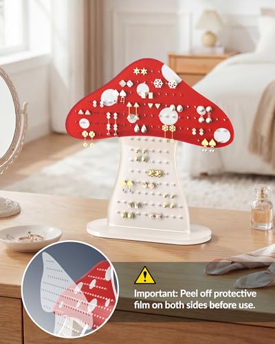 NiHome Mushroom Earring Holder Organizer, Acrylic Earring Stand with 152 Holes for Stud Earrings, Cute Tabletop Jewelry Display & Storage for Girls, Women, Gift