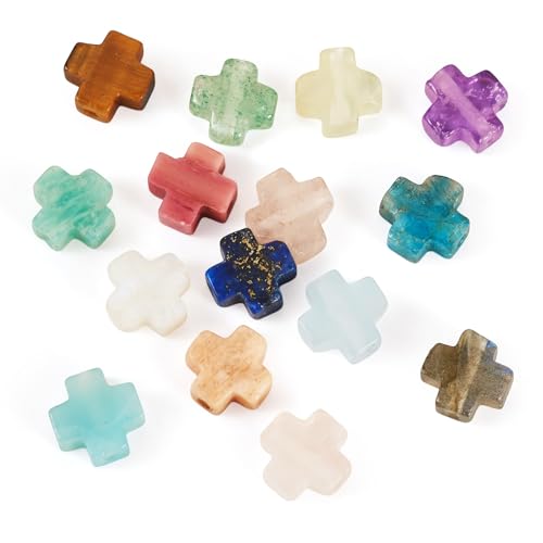 15 Pcs 8mm Cross Beads Small Cross Crucifix Beads Natural White Gemstone Loose Beads Crystal Crucifix Charms for Easter Holiday Eid Mubarak Ramadan Jewelry Making - color: 15 Colors-Mix Stones