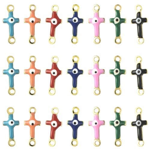 Assorted Metal Connectors Pendants Charms for Jewelry Making with Double Loops Flower Evil Eyes Butterfly Heart Cross Links Golden Pendants for Necklaces Bracelets Earrings - color: Evil Eye Cross- 28 pcs
